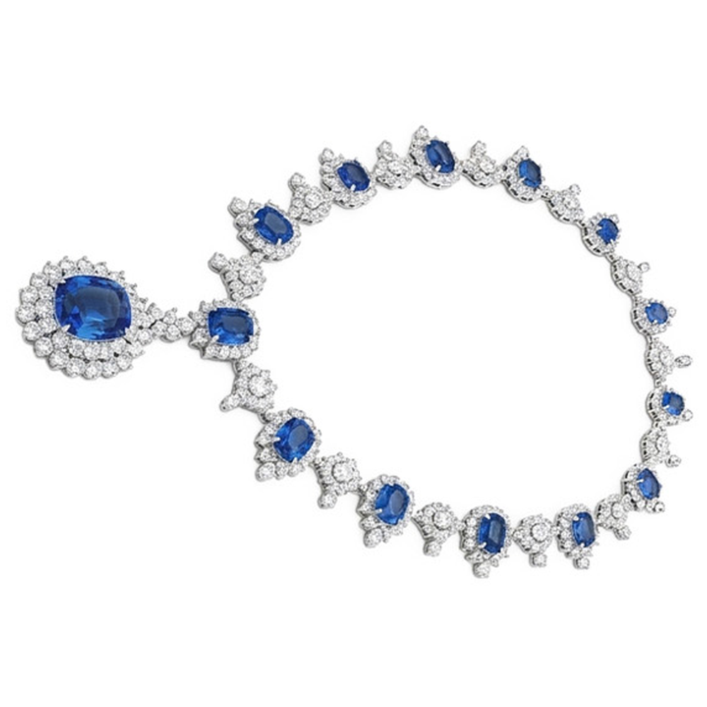 Collana da sposa con diamanti bianchi e zaffiro di Ceylon da 130,10 ct