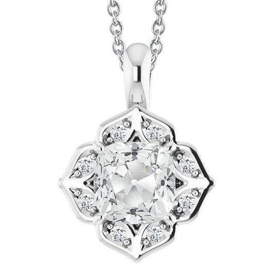 Collana A Sospensione In Stile Fiore Con Ovale A 6 Carati E Vero Diamante Rotondo In Oro Bianco Da 14K