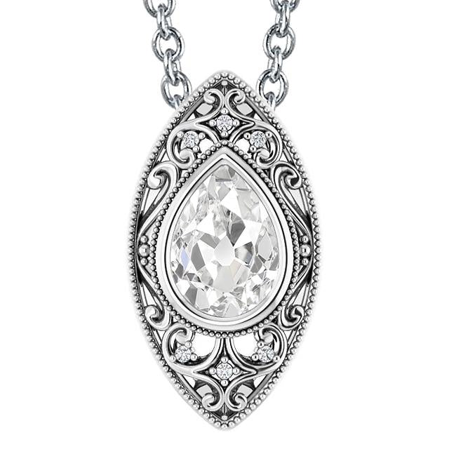 Collana Ciondolo Con Genuino Diamante A Pera Da 3 Carati, Castone Antico Minatore Incastonato Di Gioielli In Oro Bianco 14K