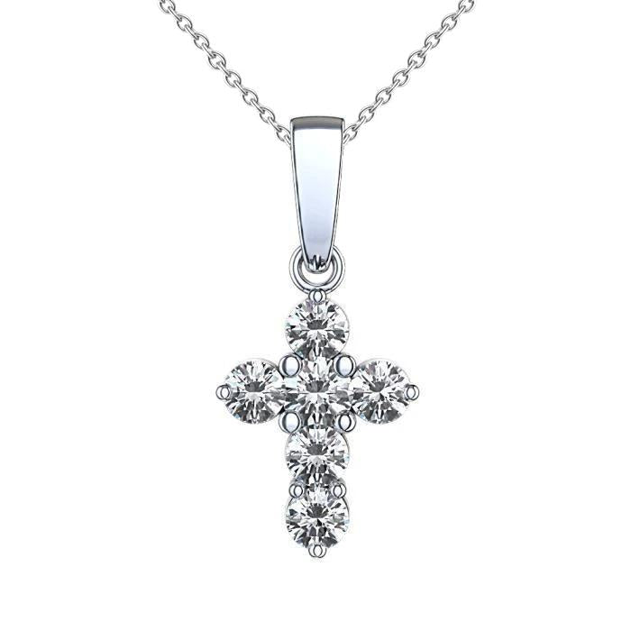 Collana Con Ciondolo A Croce 3 Carati Splendido Naturale Diamante Rotondo A Taglio Brillante In Oro Bianco 14K