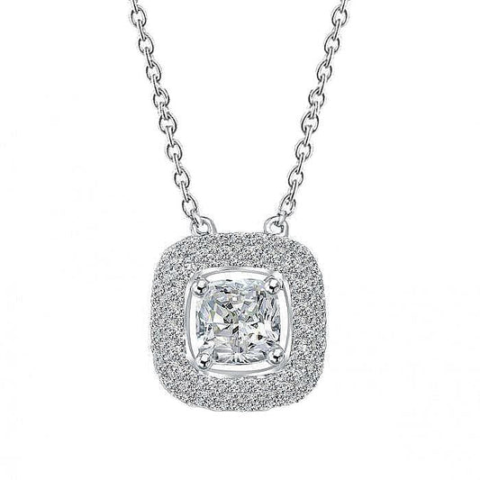 Collana Con Ciondolo Aureola Da Donna Con Cuscino Da 1,75 Carati E Naturale Diamanti Rotondi In Oro Bianco 14K