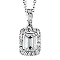 Collana Con Ciondolo Con Smeraldo Da 1,50 Carati E Vero Diamante Tondo In Oro Bianco 14K