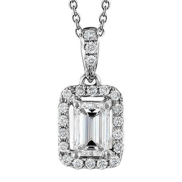 Collana Con Ciondolo Con Smeraldo Da 1,50 Carati E Vero Diamante Tondo In Oro Bianco 14K