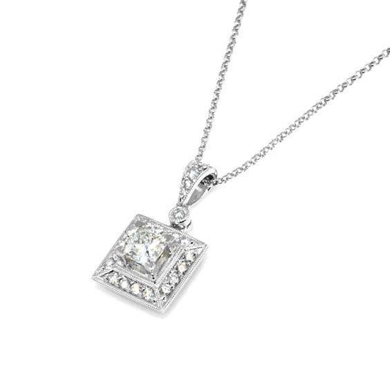 Collana Con Ciondolo Con Vero Diamanti Rotondi E Princess Da 1,12 Ct E Oro Bianco 14K