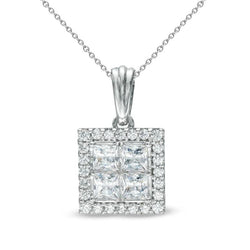 Collana Con Pendente Con Princess Da 6,40 Carati E Vero Diamanti A Taglio Rotondo In Oro Bianco 14K