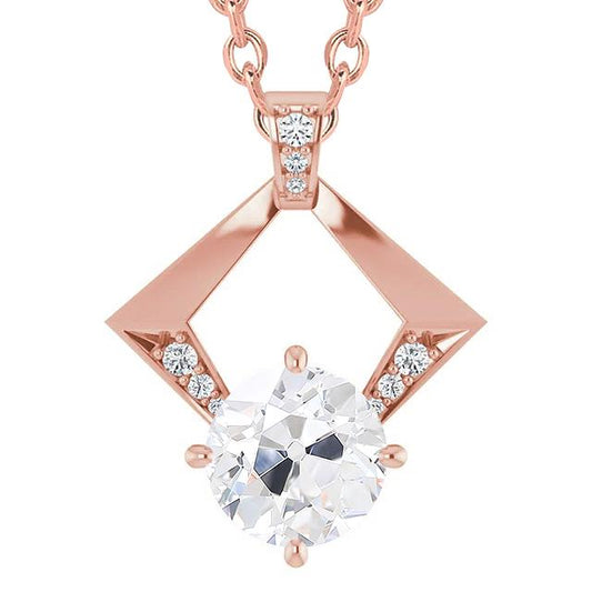 Collana Pendente Antica Con Vero Diamanti Taglio Rotondo Da 3,50 Carati In Oro Rosa 14K