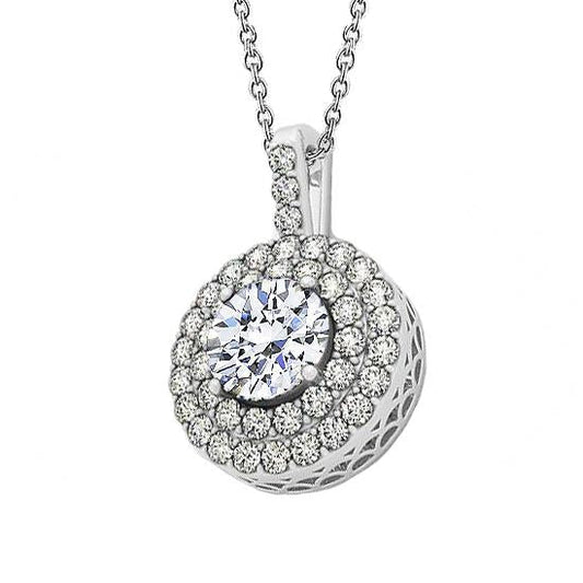 Collana Pendente Doppia Fila Con Naturale Diamante Rotondo 2 Carati Senza Catena In Oro Bianco 14K