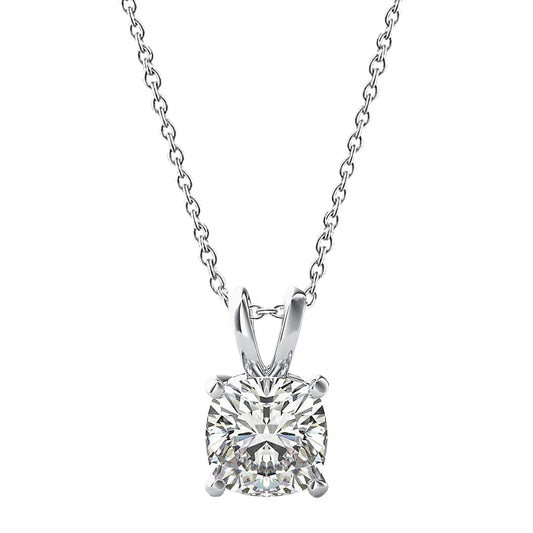 Collana Pendente Solitario 1,50 Carati Vero Diamante Taglio Cuscino In Oro Bianco 14K