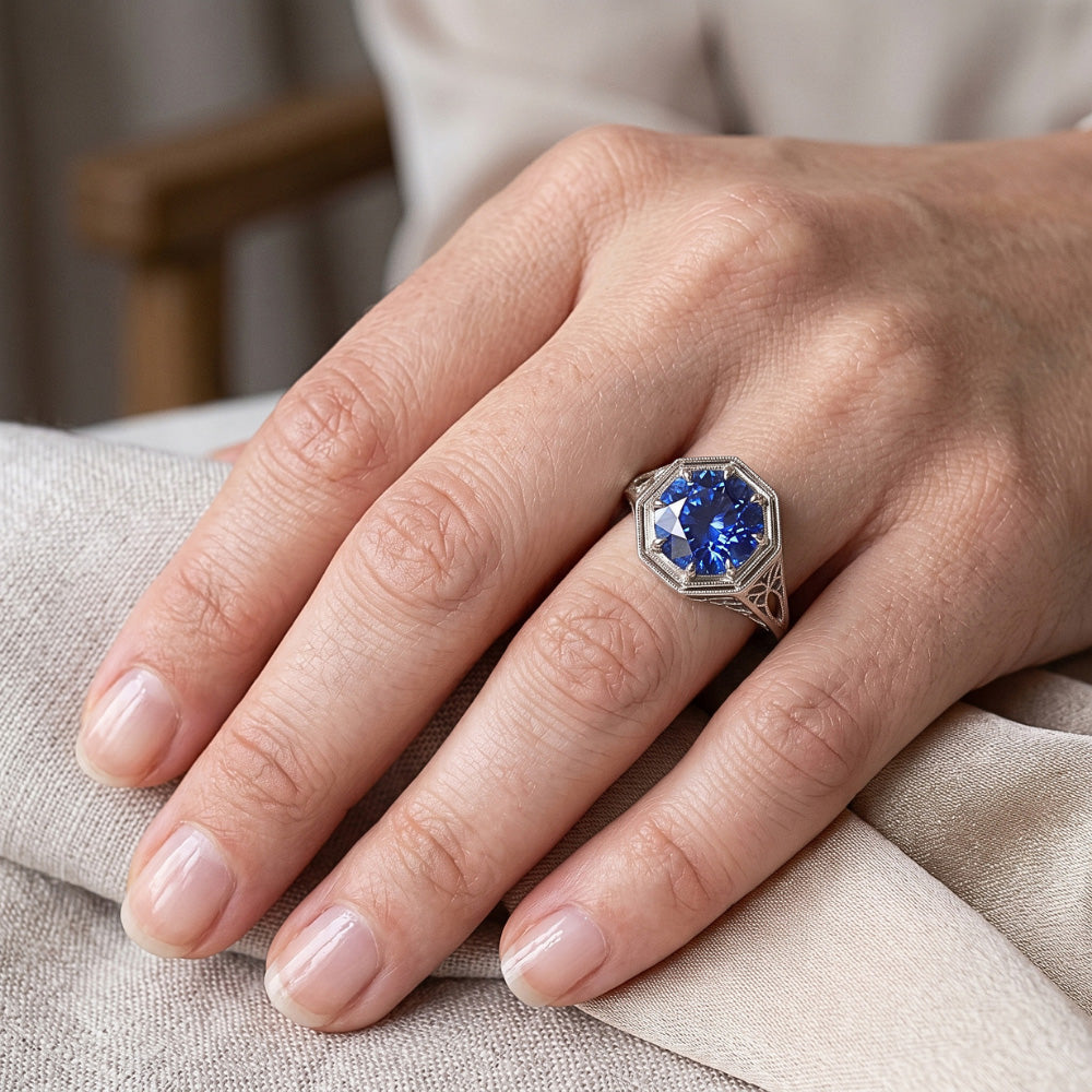 Come i gioielli edoardiani Anello stile vintage Solitario Pietra preziosa Zaffiro blu