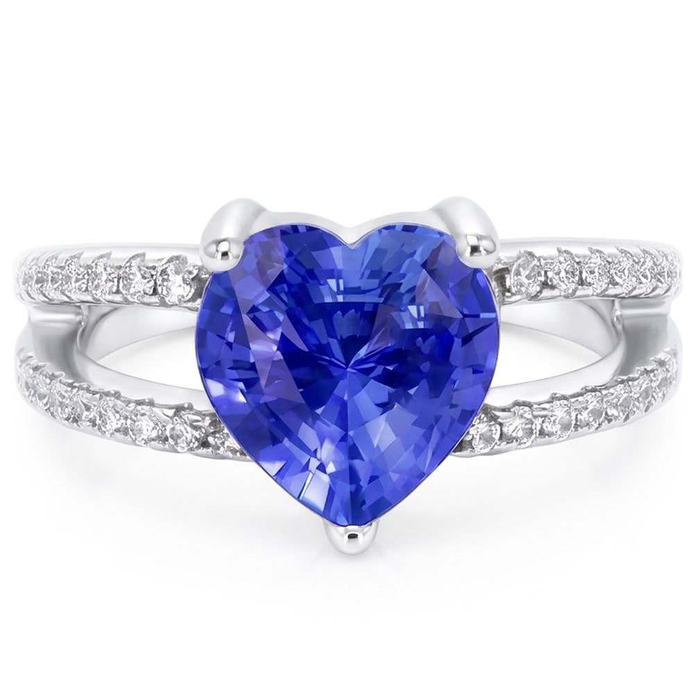 Cuore Gemma Zaffiro Azzurro Anello Doppio Gambo Diamanti Naturali Autentici ( non creati in laboratorio ) 4 Carati
