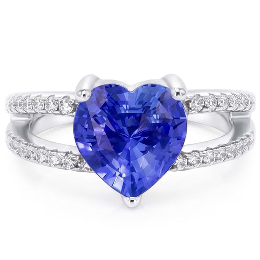 Cuore Gemma Zaffiro Azzurro Anello Doppio Gambo Diamanti Naturali Autentici ( non creati in laboratorio ) 4 Carati
