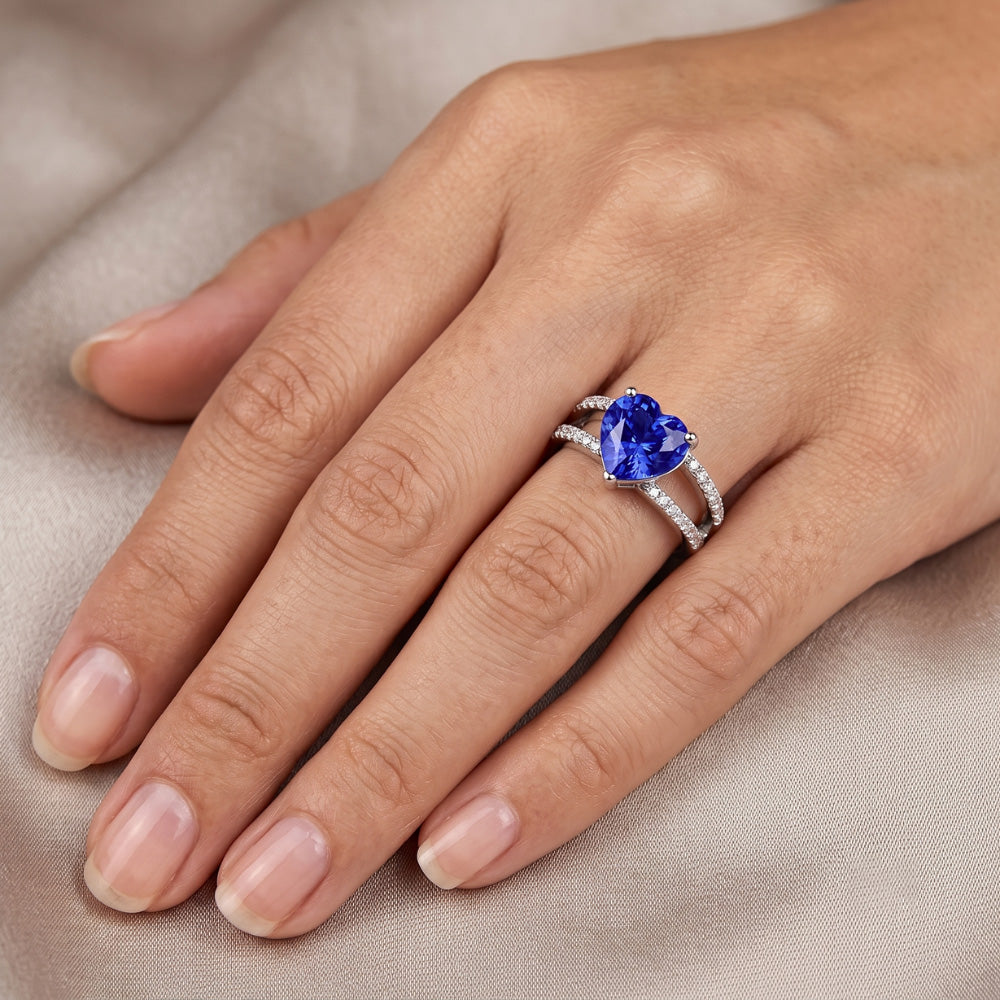 Cuore Gemma Zaffiro Azzurro Anello Doppio Gambo Diamanti Naturali Autentici ( non creati in laboratorio ) 4 Carati