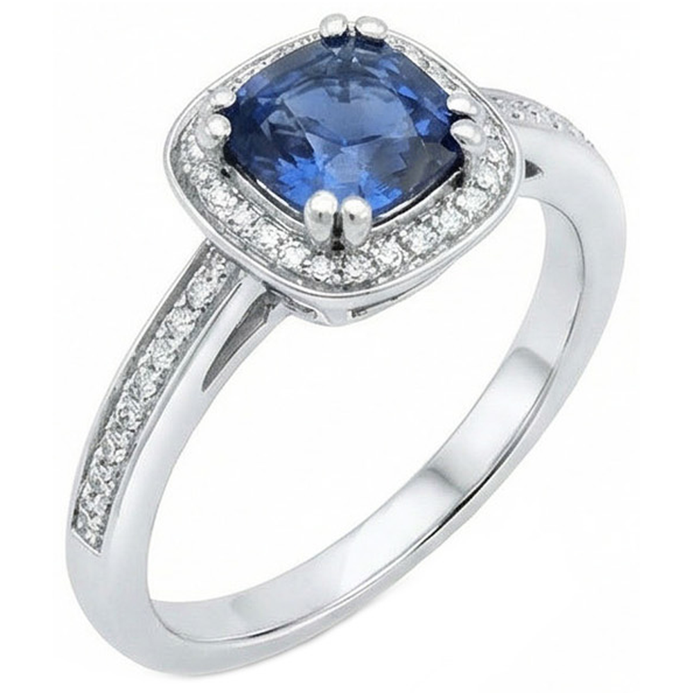 Cuscino Sri Lanka Anello con zaffiro blu e diamante in oro massiccio 1,70 ct