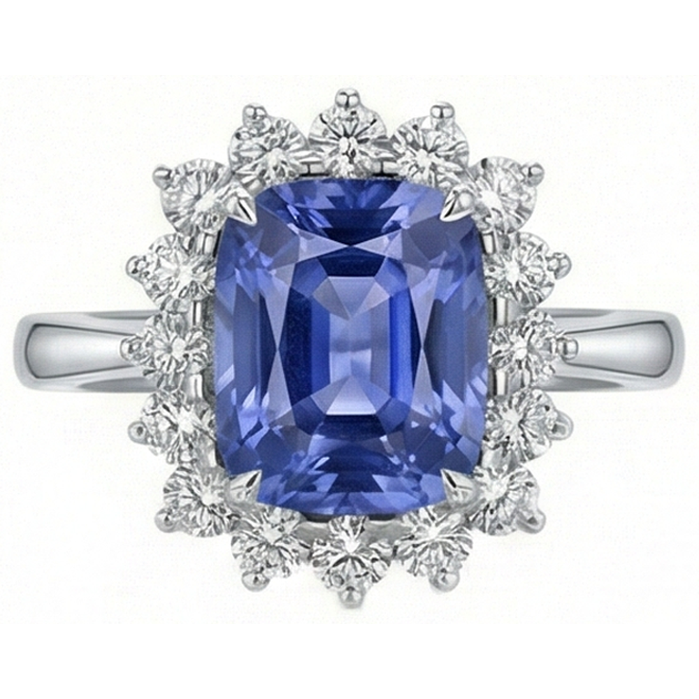 Cuscino Tanzanite 4.30 Carati Diamanti Naturali Autentici ( non creati in laboratorio ) Anello Halo Oro Bianco 14K