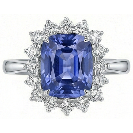 Cuscino Tanzanite 4.30 Carati Diamanti Naturali Autentici ( non creati in laboratorio ) Anello Halo Oro Bianco 14K