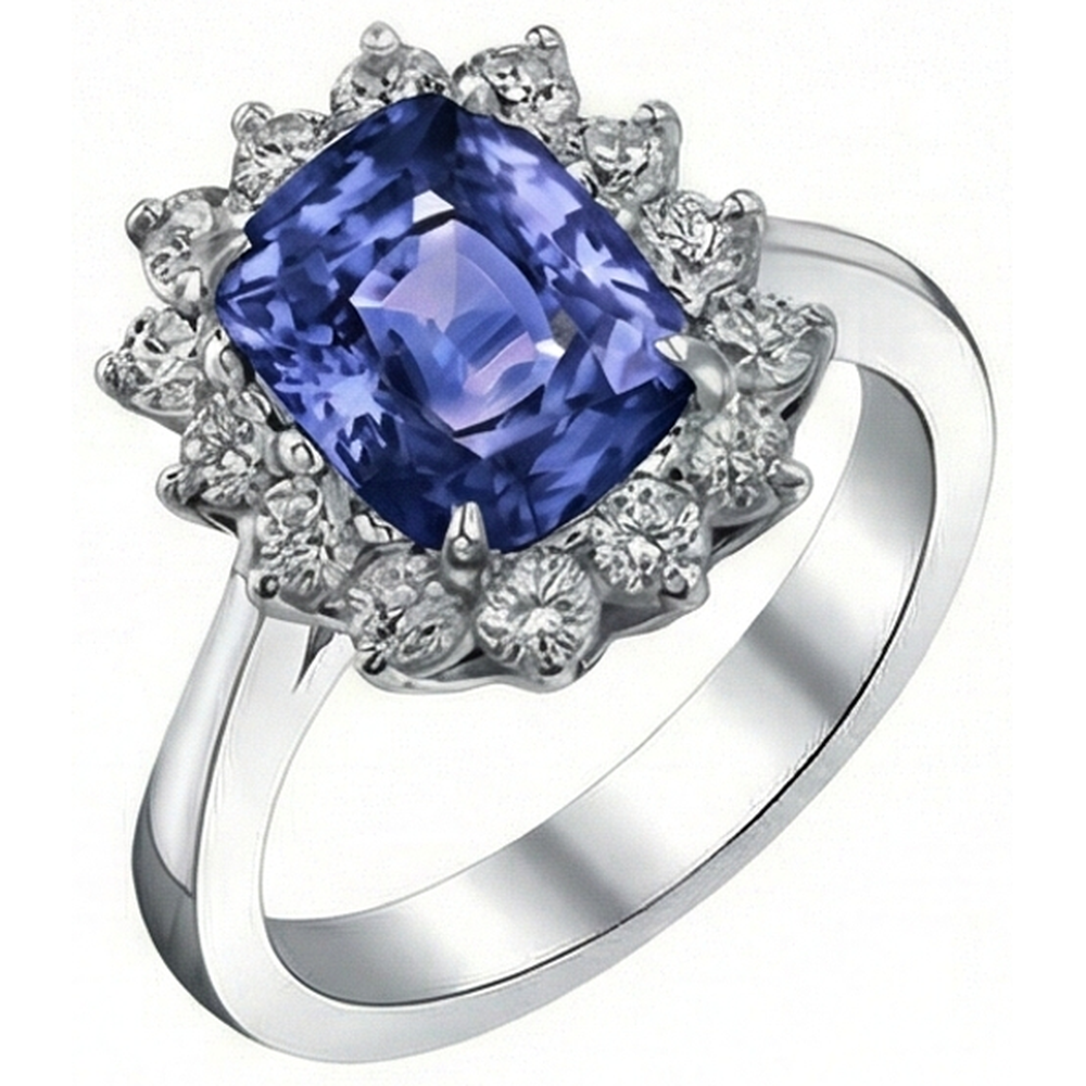 Cuscino Tanzanite 4.30 Carati Diamanti Naturali Autentici ( non creati in laboratorio ) Anello Halo Oro Bianco 14K