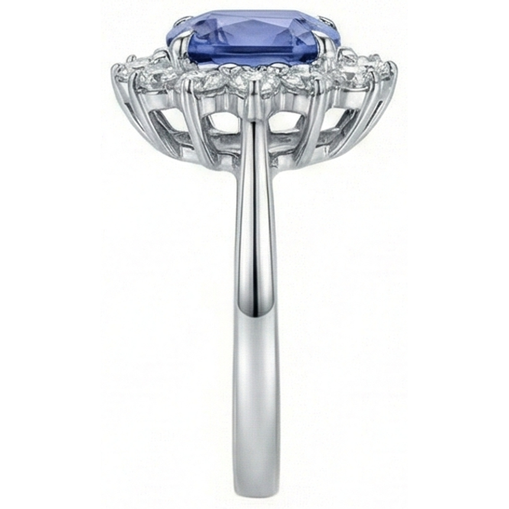 Cuscino Tanzanite 4.30 Carati Diamanti Naturali Autentici ( non creati in laboratorio ) Anello Halo Oro Bianco 14K