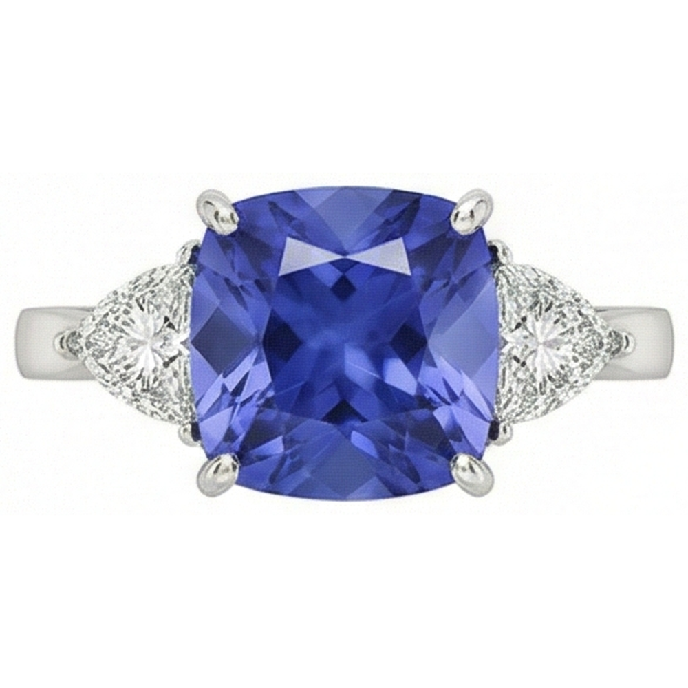 Cuscino Tanzanite AAA Diamanti Naturali Autentici ( non creati in laboratorio ) 3 Carati Anello 3 Pietre Oro Bianco 14K