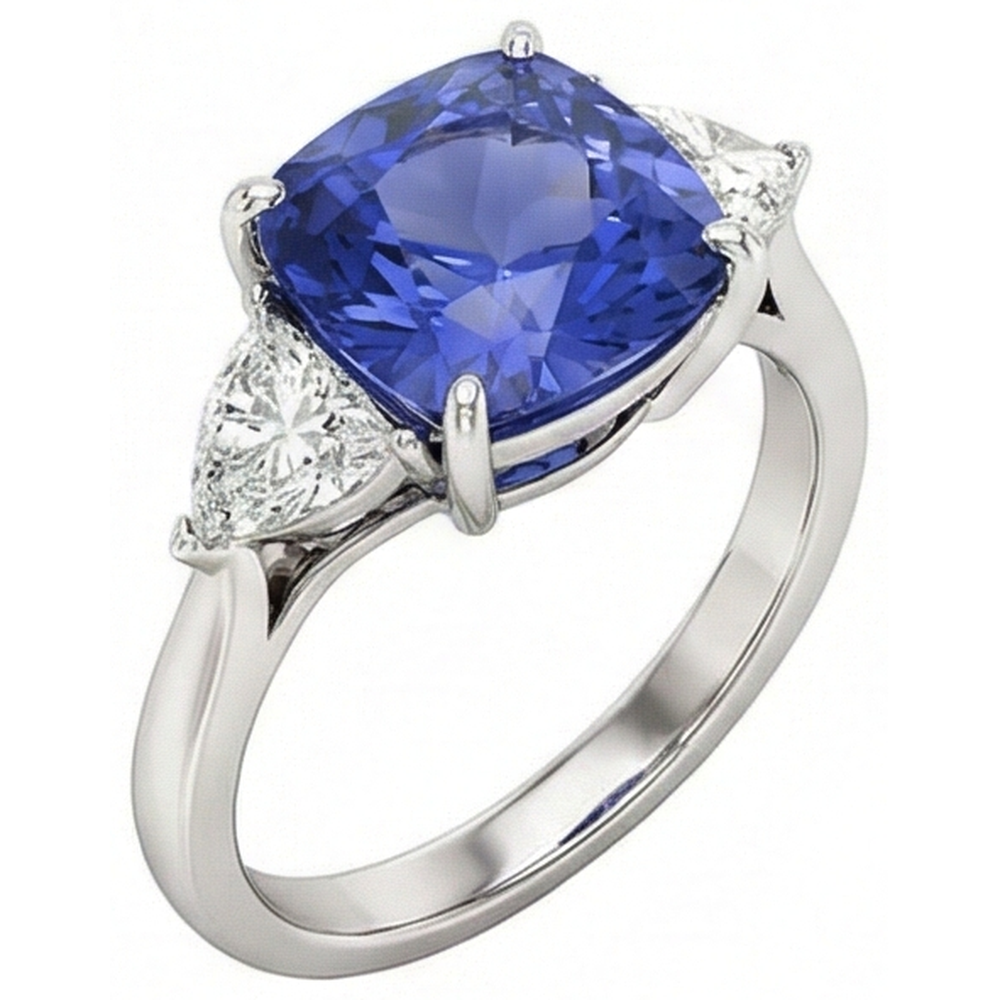 Cuscino Tanzanite AAA Diamanti Naturali Autentici ( non creati in laboratorio ) 3 Carati Anello 3 Pietre Oro Bianco 14K