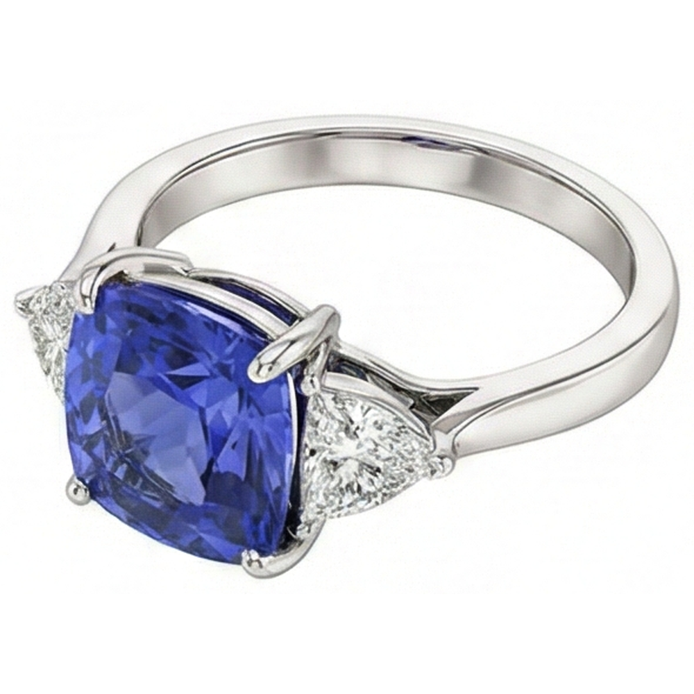 Cuscino Tanzanite AAA Diamanti Naturali Autentici ( non creati in laboratorio ) 3 Carati Anello 3 Pietre Oro Bianco 14K