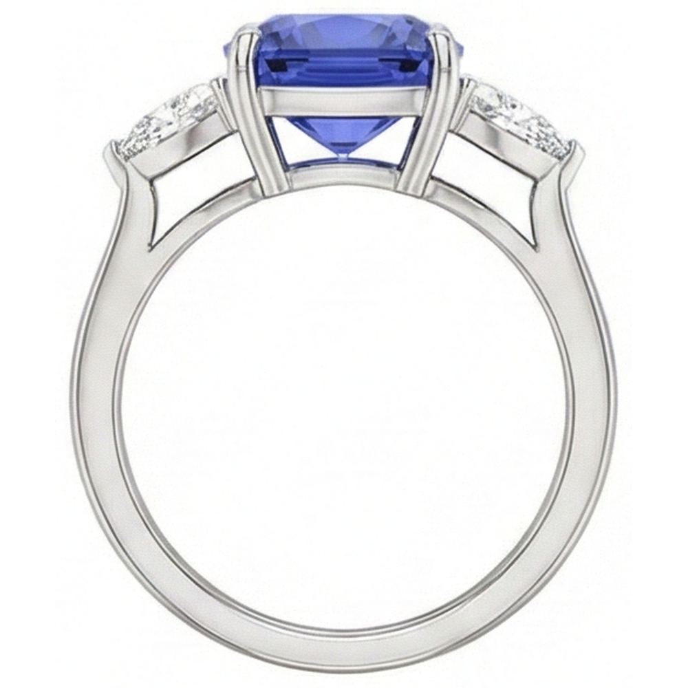 Cuscino Tanzanite AAA Diamanti Naturali Autentici ( non creati in laboratorio ) 3 Carati Anello 3 Pietre Oro Bianco 14K
