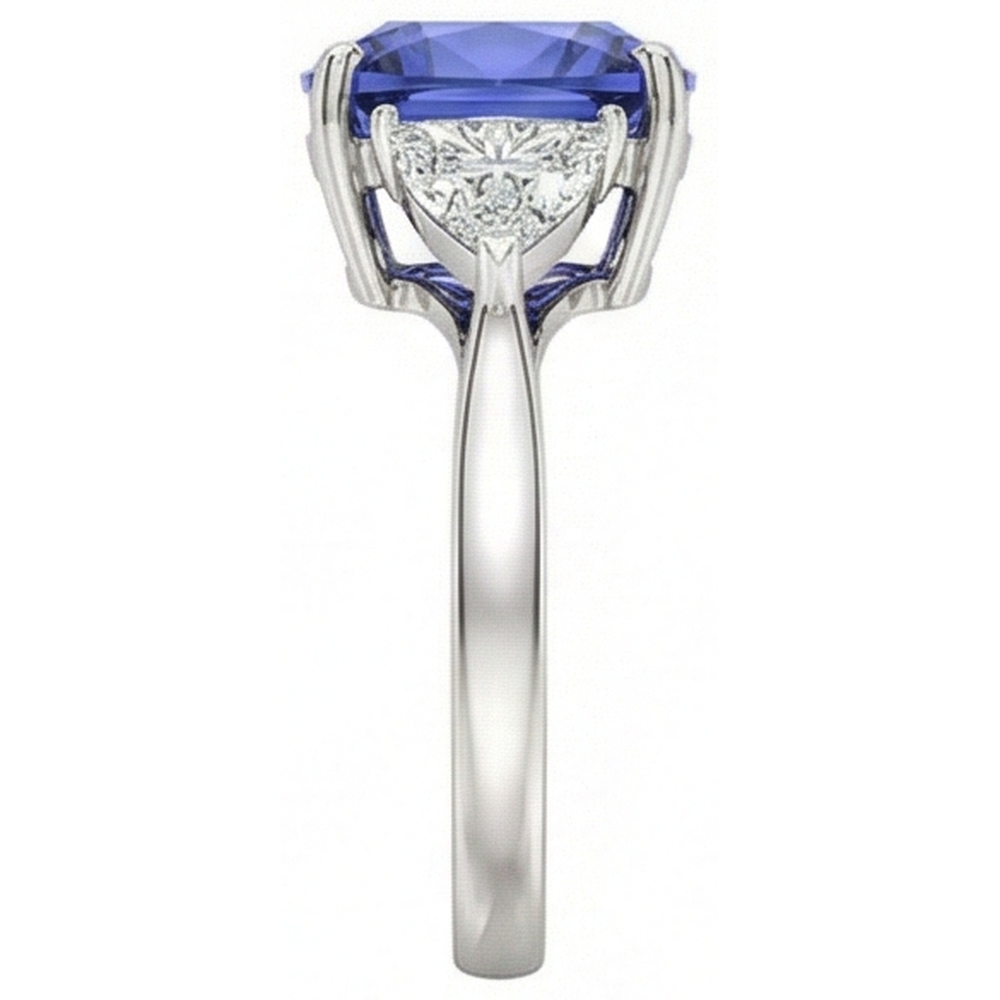 Cuscino Tanzanite AAA Diamanti Naturali Autentici ( non creati in laboratorio ) 3 Carati Anello 3 Pietre Oro Bianco 14K