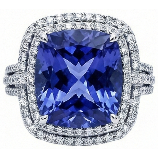 Cuscino Tanzanite E Diamanti Naturali Autentici ( non creati in laboratorio ) Rotondi 4.50 Carati Anello Gioiello Con Pietre Preziose