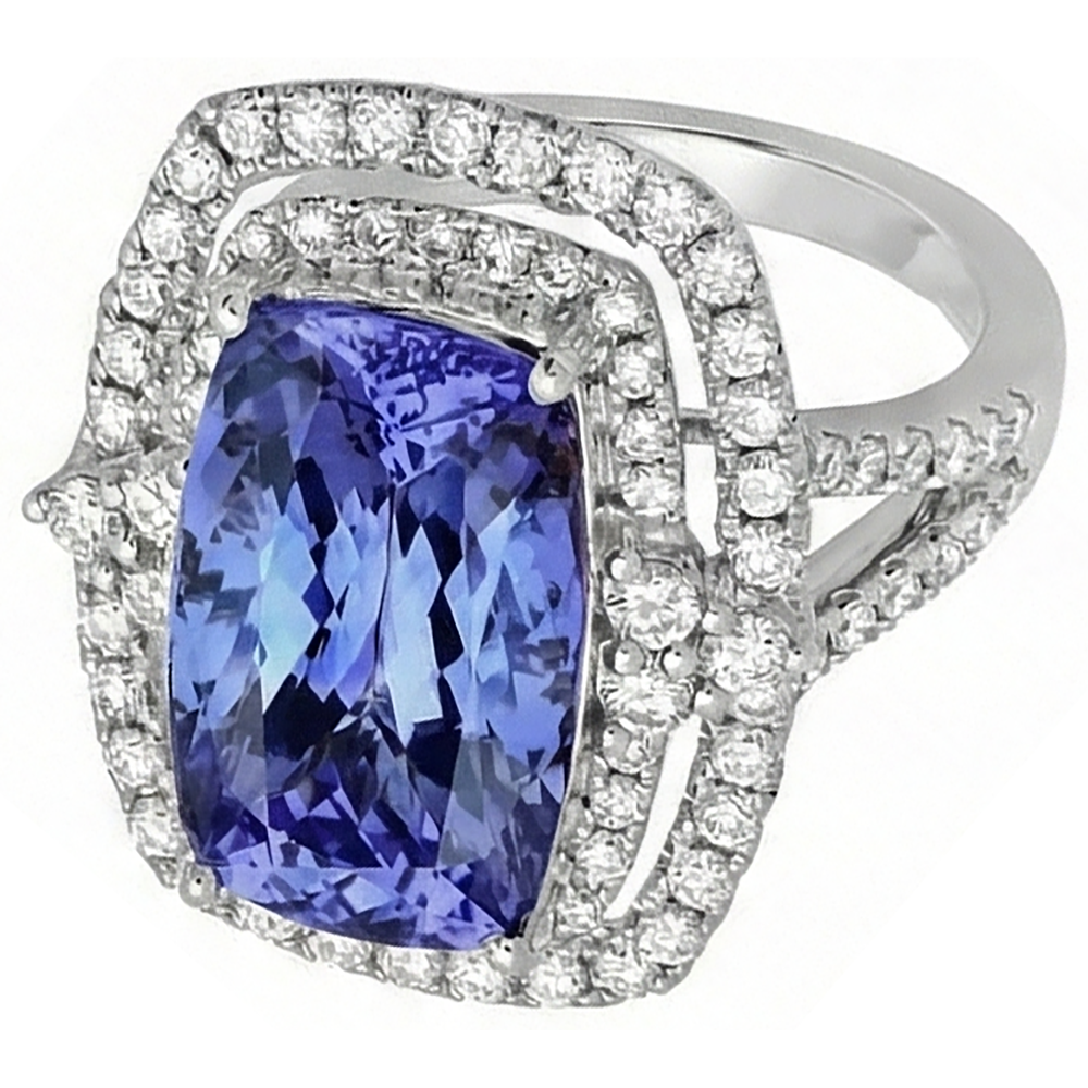 Cuscino Tanzanite e diamante 7 carati Halo Fancy Ring Oro bianco 14K