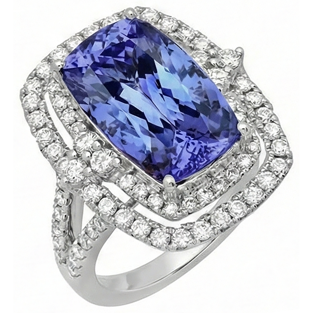 Cuscino Tanzanite e diamante 7 carati Halo Fancy Ring Oro bianco 14K