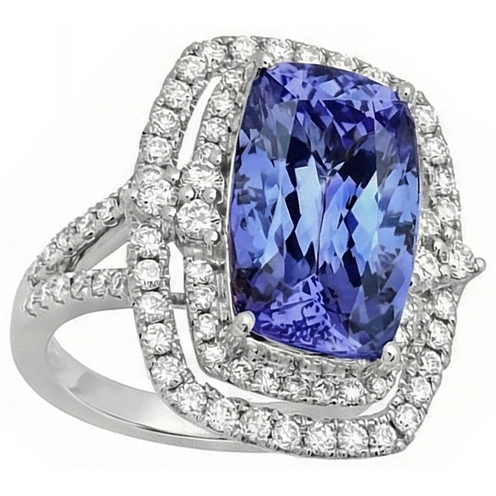 Cuscino Tanzanite e diamante 7 carati Halo Fancy Ring Oro bianco 14K