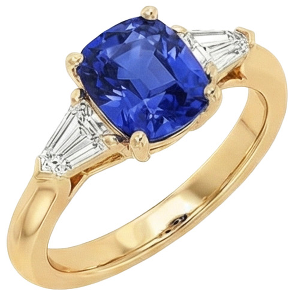 Cuscino con zaffiro Ceylon blu intenso e anello baguette affusolato 9.50 carati