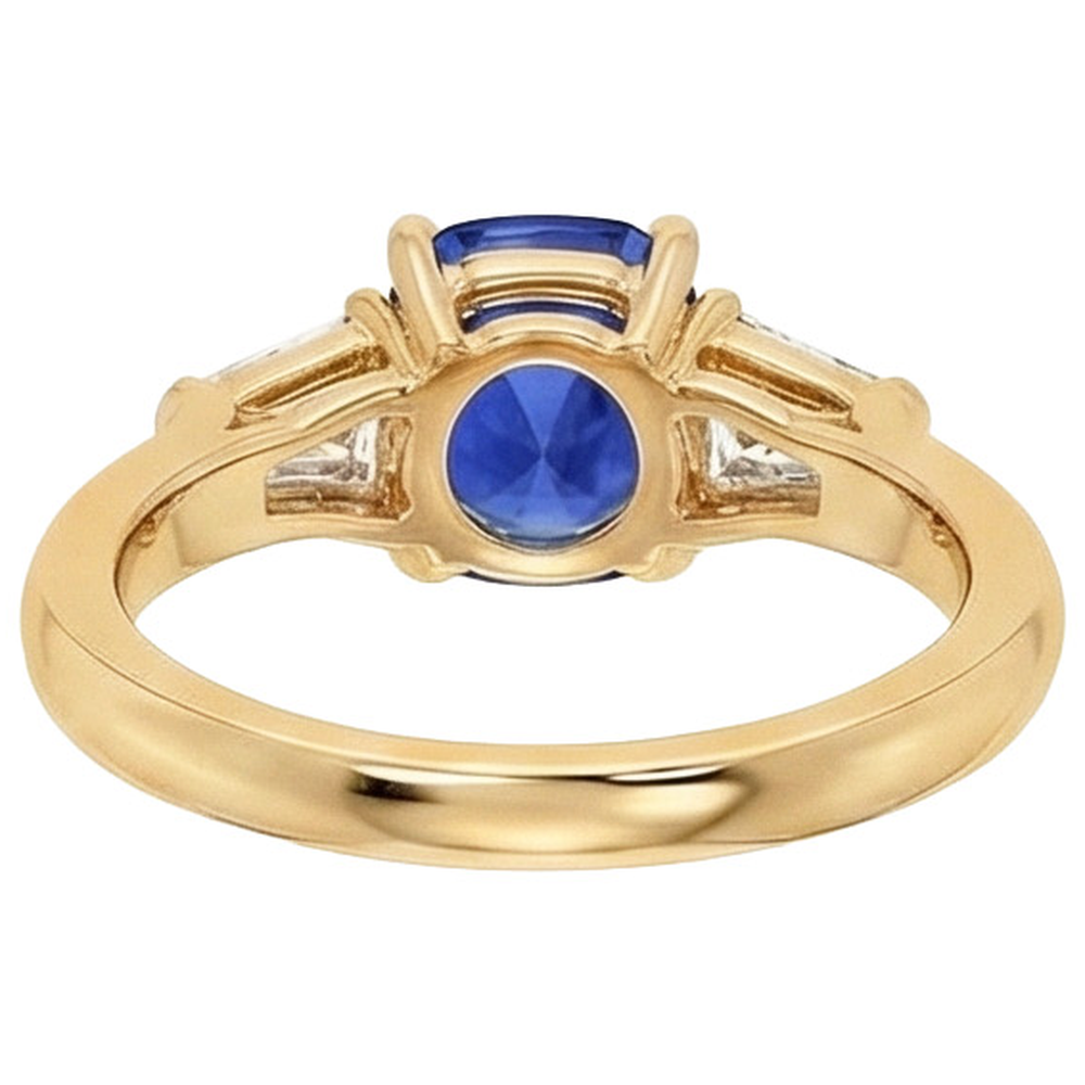 Cuscino con zaffiro Ceylon blu intenso e anello baguette affusolato 9.50 carati