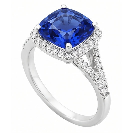 Cuscino per anello Halo Zaffiro dello Sri Lanka 4 carati con gambo diviso gioielli