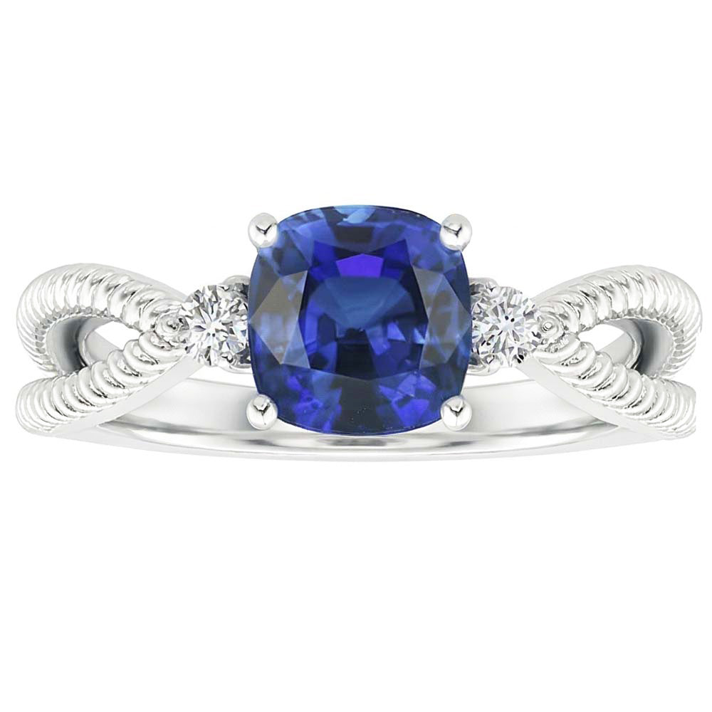 Cuscino per anello con 3 pietre in zaffiro blu stile corda 2.25 carati con gambo diviso