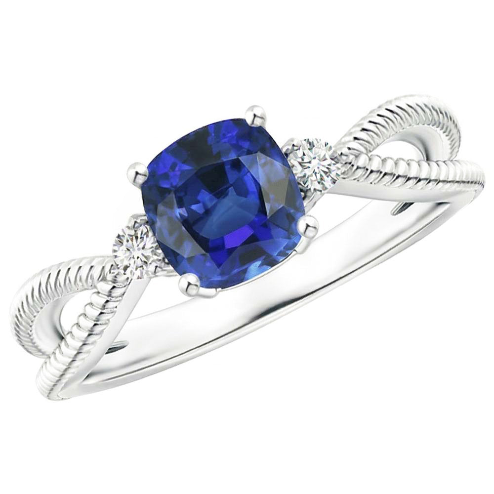 Cuscino per anello con 3 pietre in zaffiro blu stile corda 2.25 carati con gambo diviso