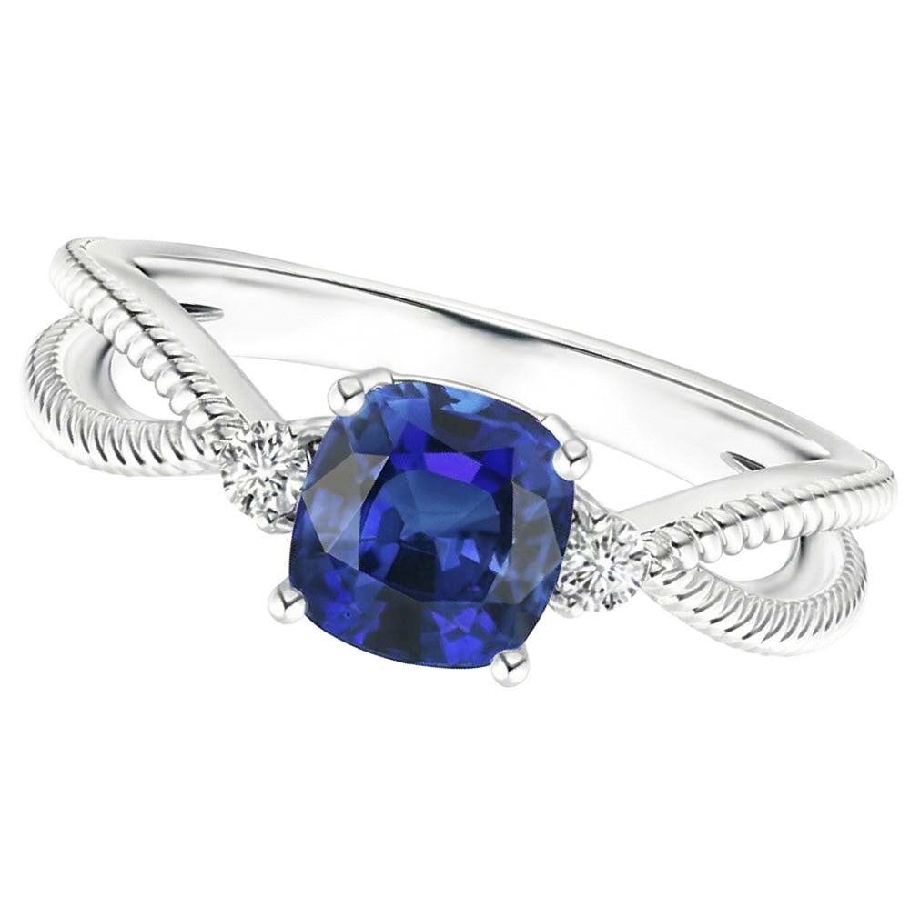 Cuscino per anello con 3 pietre in zaffiro blu stile corda 2.25 carati con gambo diviso