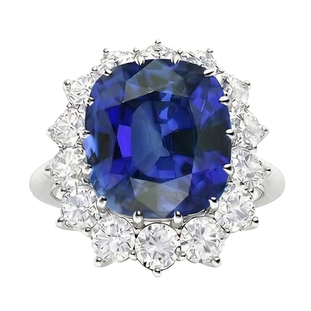 Cuscino per fede nuziale Halo Zaffiro blu 6 carati con diamanti stile fiore