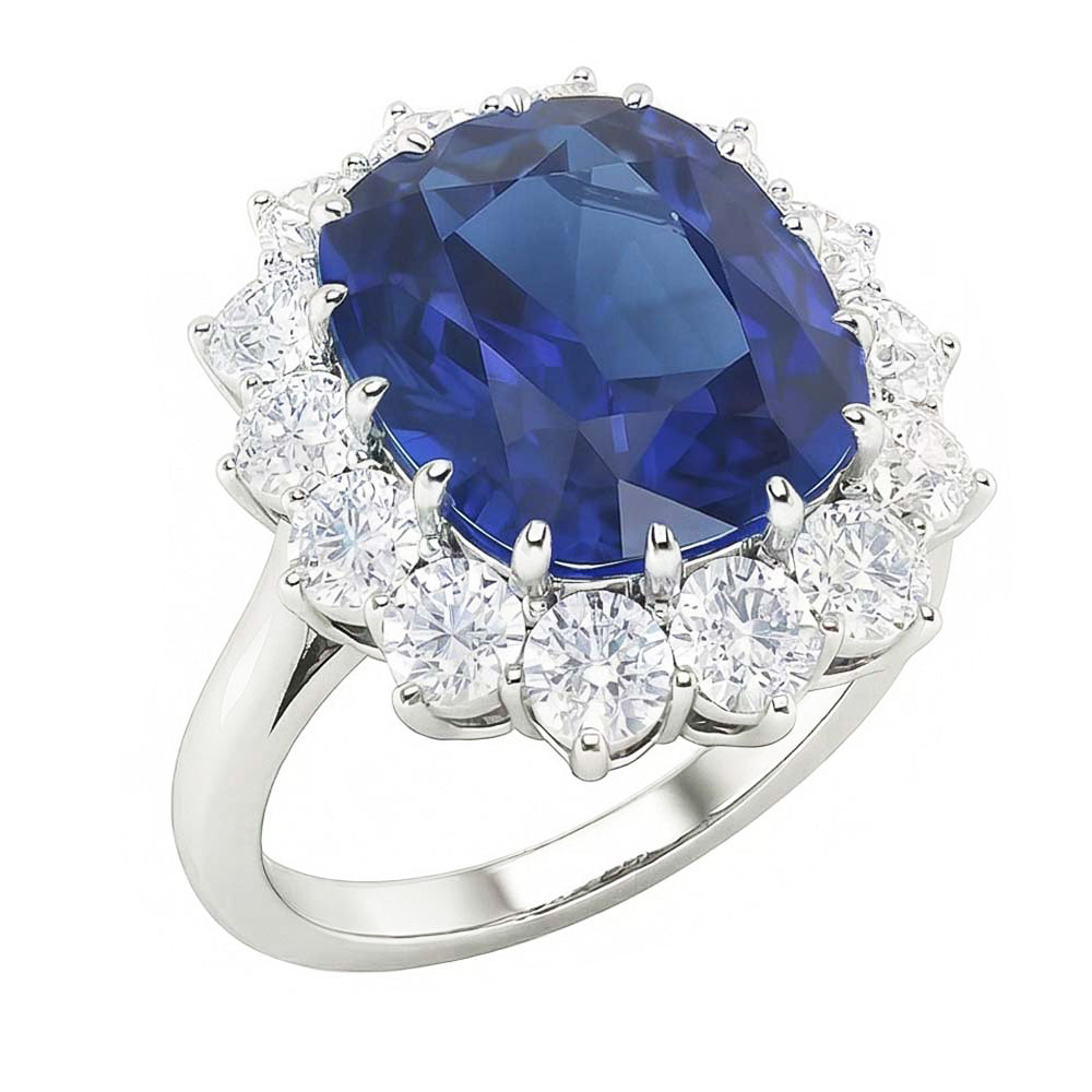 Cuscino per fede nuziale Halo Zaffiro blu 6 carati con diamanti stile fiore