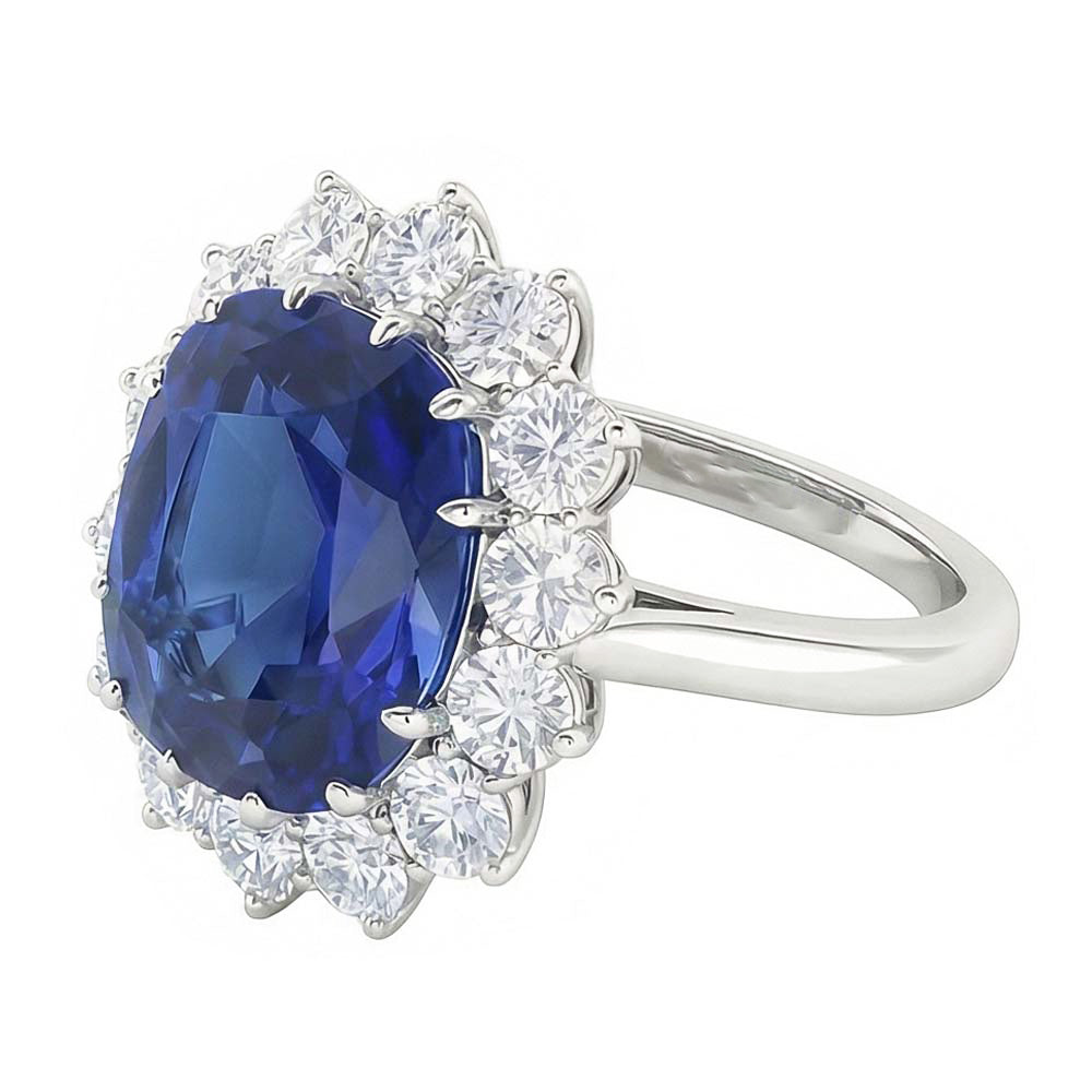 Cuscino per fede nuziale Halo Zaffiro blu 6 carati con diamanti stile fiore