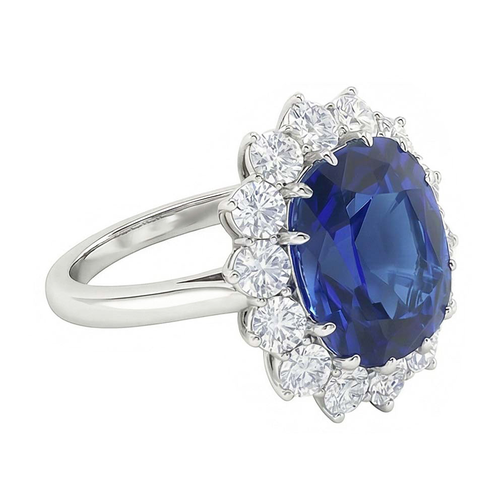 Cuscino per fede nuziale Halo Zaffiro blu 6 carati con diamanti stile fiore