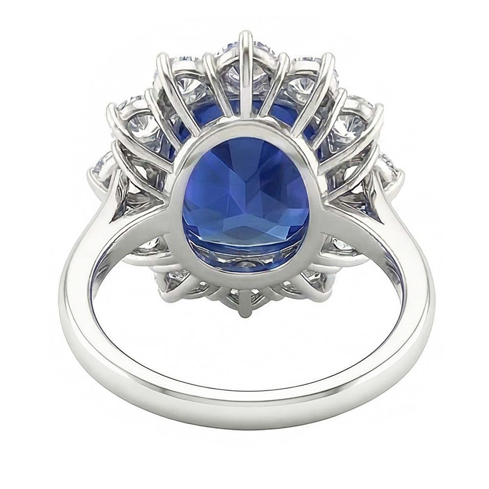 Cuscino per fede nuziale Halo Zaffiro blu 6 carati con diamanti stile fiore
