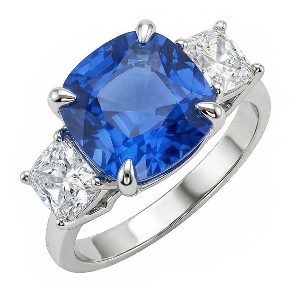 Cuscino zaffiro 3 pietre diamante anello polo gioielli in oro 4 carati