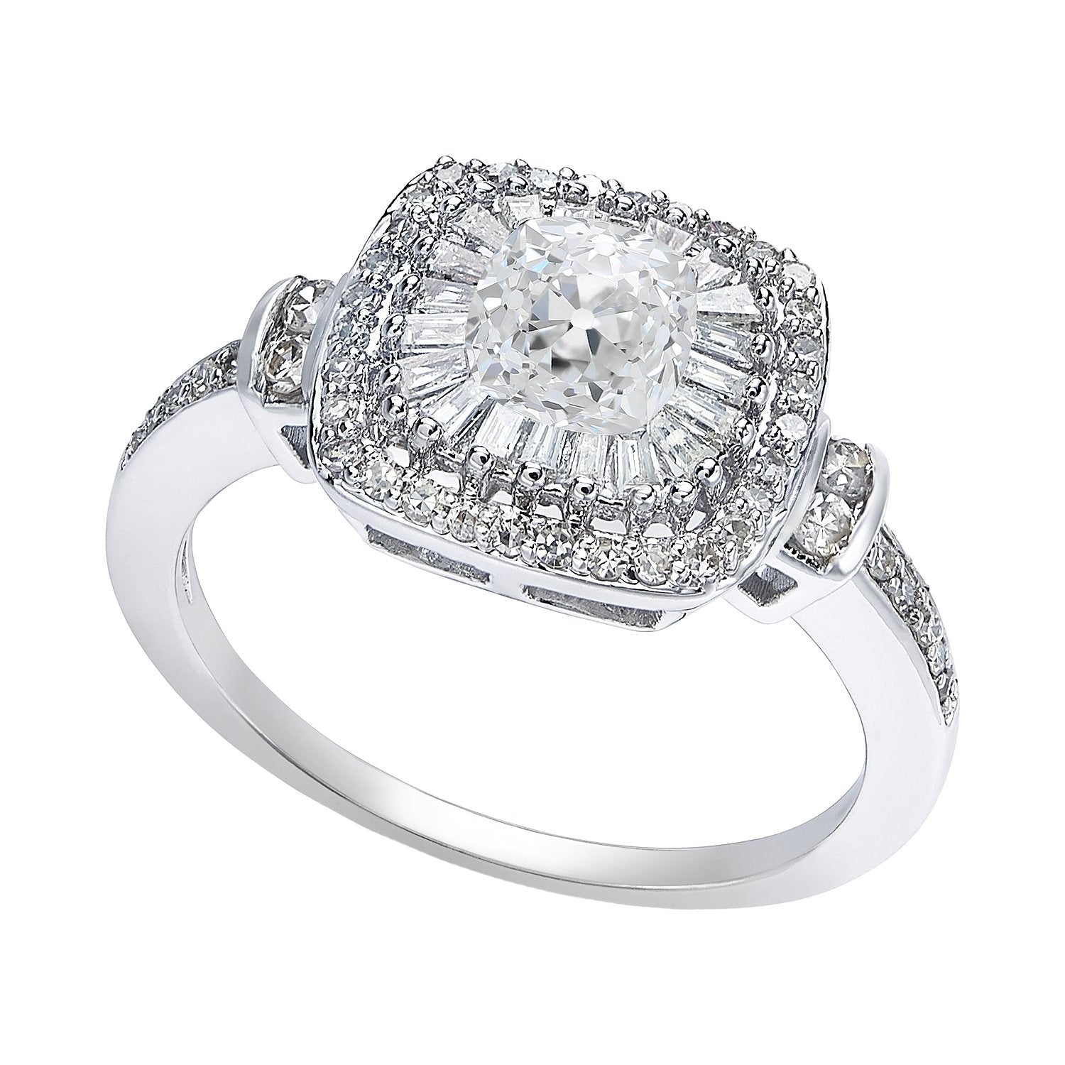 Cuscino Halo Baguette Vecchio Taglio & Anello Con Vero Diamanti Rotondi 4.75 Carati