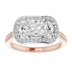 Cuscino Halo E Anello Ovale Con 3 Pietre Stile Naturale Diamante Taglio Antico 10,75 Carati