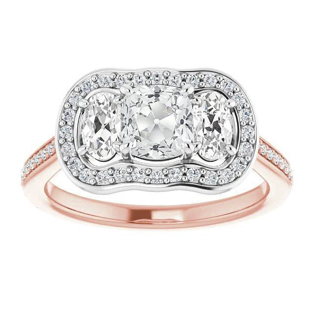 Cuscino Halo E Anello Ovale Con 3 Pietre Stile Naturale Diamante Taglio Antico 10,75 Carati