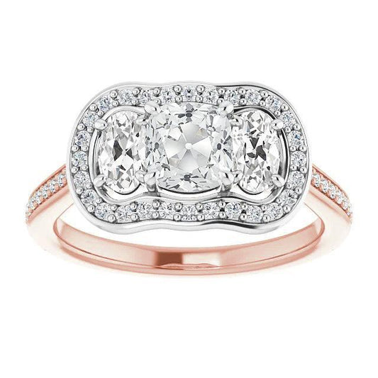 Cuscino Halo E Anello Ovale Con 3 Pietre Stile Naturale Diamante Taglio Antico 10,75 Carati