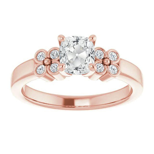 Cuscino Old Mine Cut Vero Diamante Fede Nuziale Stile Fiore 4 Carati