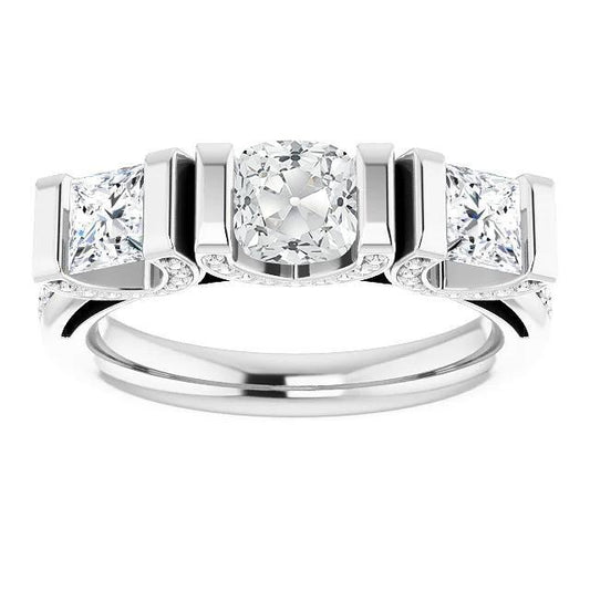 Cuscino Vecchio Minatore Genuino Diamante Ring 3 Stone Style Bar Set 9 Carati Oro 14K