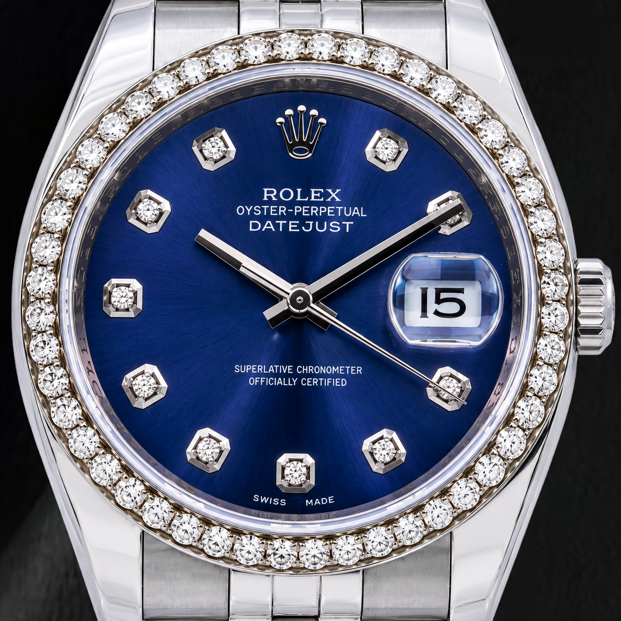 Rolex 16200 Datejust Orologio 36 mm in Acciaio Inossidabile con Quadrante Blu con Diamanti