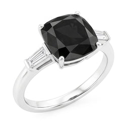 Anello di Fidanzamento a Tre Pietre con Diamante Scuro Autentico da 3,6 Carati Taglio a Cuscino e Baguette Nere in Oro Bianco 14K